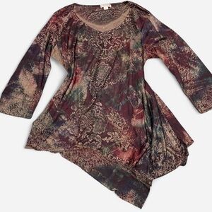 Y2K Multicoloured paisley print long sleeve top with asymmetrical hem. XL